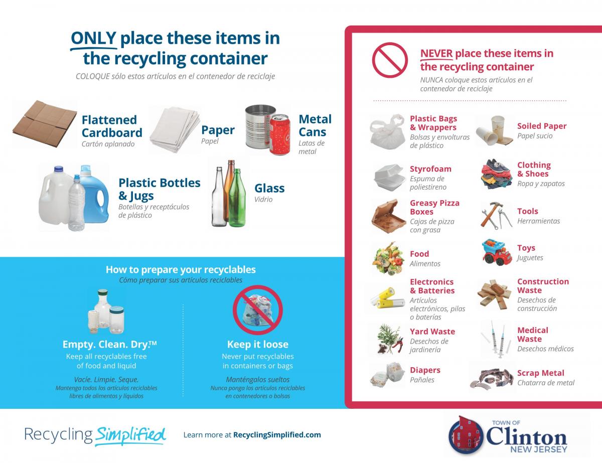  flattened cardboard, paper, metal cans, plastic bottles and jugs, bottles. Do not bag recyclables, and make sure they are full rinsed and dry.